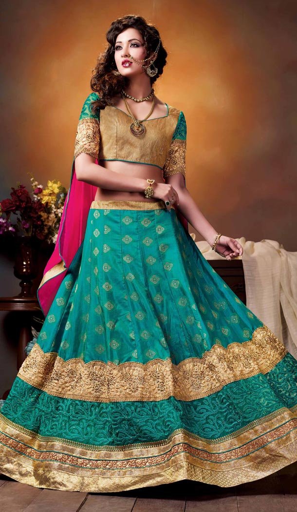 Crystals Stones Silk Emerald Color Party Wear Circular Lehenga Choli | FH564684040