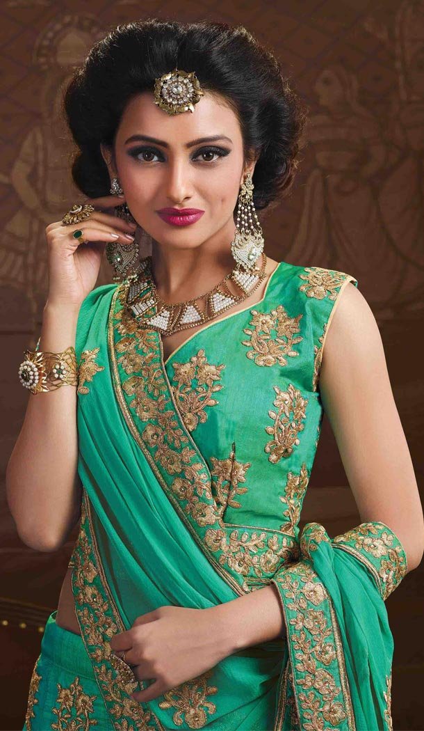 Embroidery Silk Green Color Wedding Sangeet Lehengas Choli | FH564784044