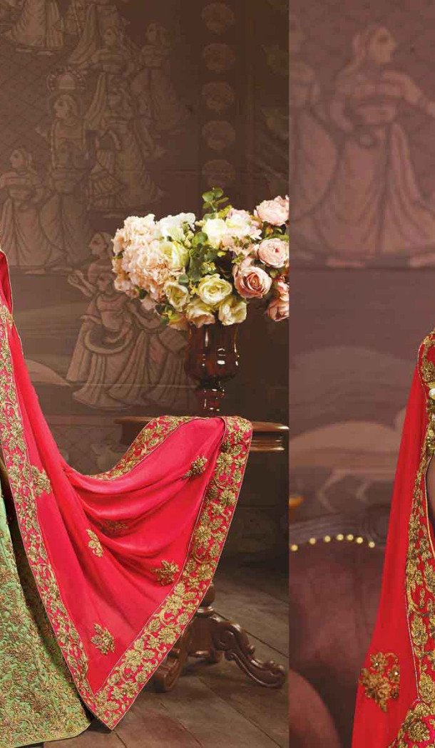 Embroidery Silk Mint Green Color Wedding Sangeet Lehengas Choli | FH564784047