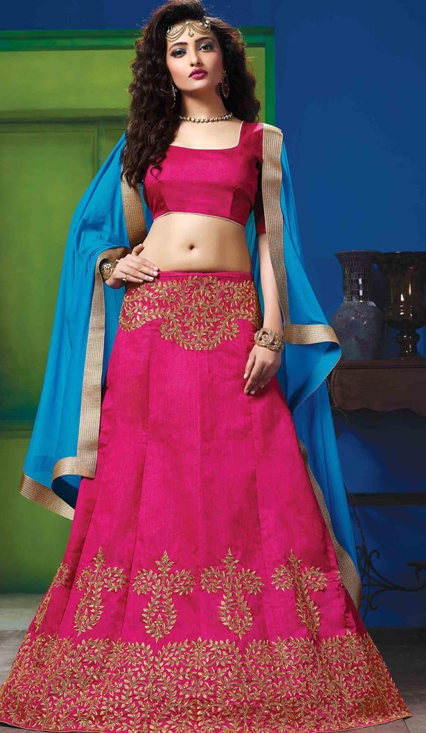 Deep Pink Color Silk Embroidery Work Indian Festival Wear Lehengas Choli | FH564984067