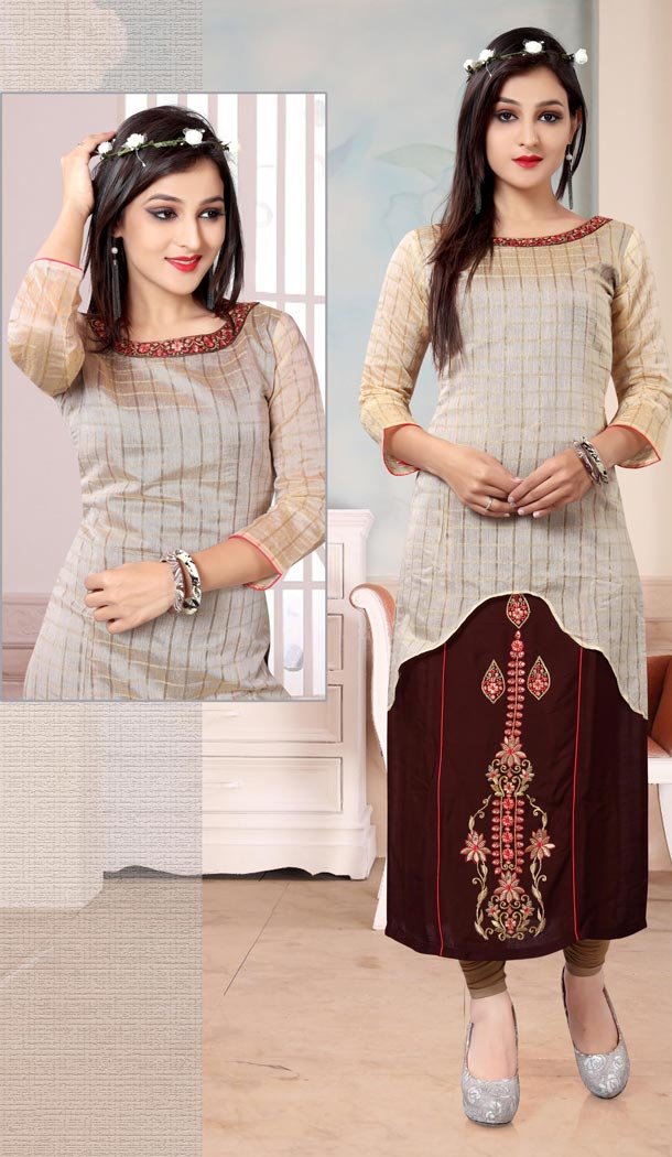 Cream Color Cotton Embroidery Straight Style Readymade Kurtis | FH565284088