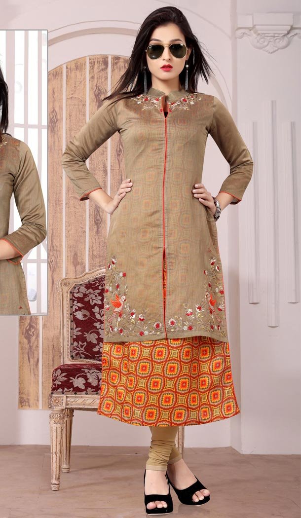 Brown Color Bhagalpuri Silk Embroidery Straight Style Readymade Kurtis | FH565284091