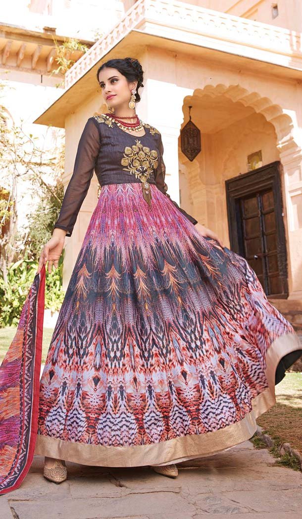 Long Pakistani Style Black Color Silk Eid Festive Anarkali Salwar Kameez | FH567184292