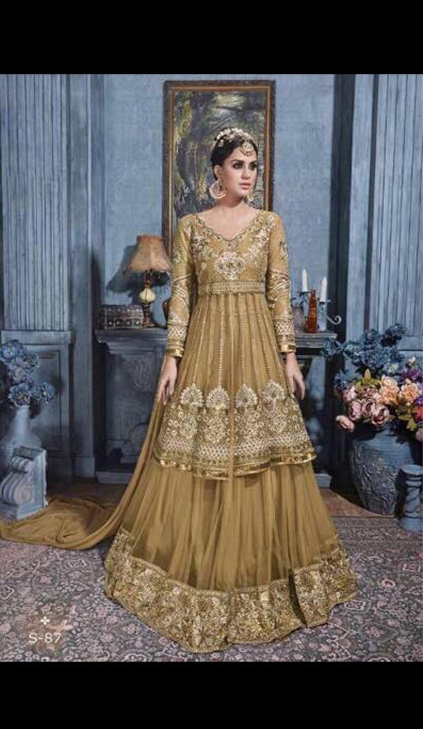 Tan Brown Color Net Embroidery Pakistani Style Designer Lehenga Short Kameez | FH567484326