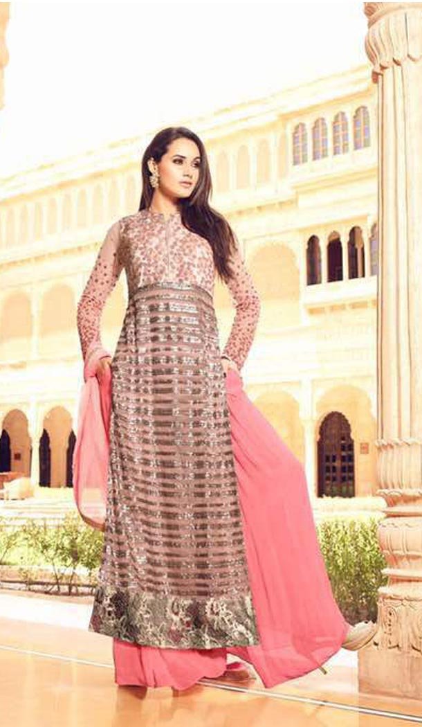 Pakistani Style Pink Color Net,Silk Straight Cut Salwar Kameez | FH569784548