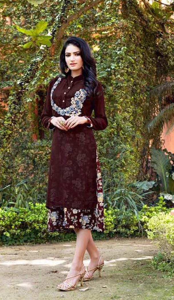Maroon Color Georgette Straight Readymade Kurti | FH575785198