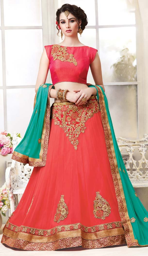 Women's Salmon Color Georgette Circular Style Treditional Lehenga Choli | FH576285240