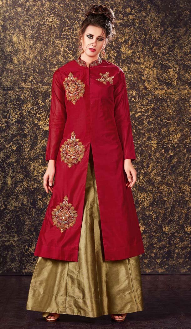 Red Color Silk Achkan Style Designer Wear Lehenga Suit | FH577585361