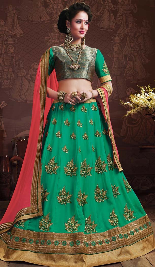 Emerald Color Georgette Embroidery Work Treditional Lehenga Choli | FH577685367