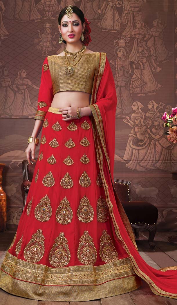 Red Color Georgette Embroidery Work Treditional Lehenga Choli | FH577685369