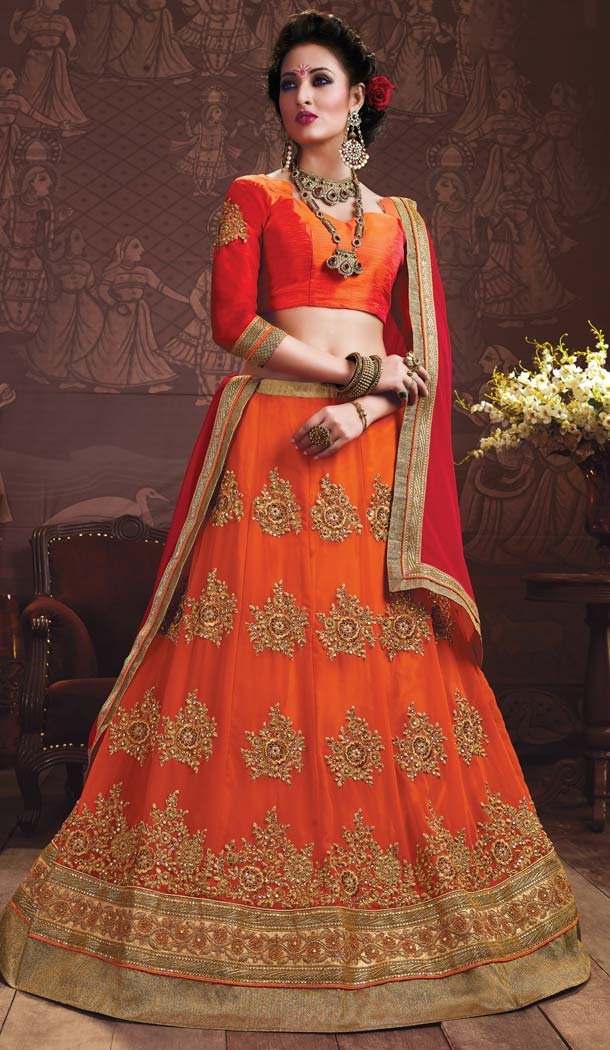 Orange Color Georgette Embroidery Work Treditional Lehenga Choli | FH577685371