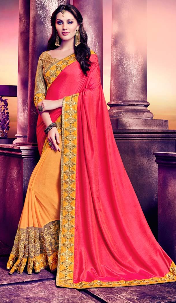 Deep Pink Color Chiffon Embroidery Casual Wear Saree | FH577785379