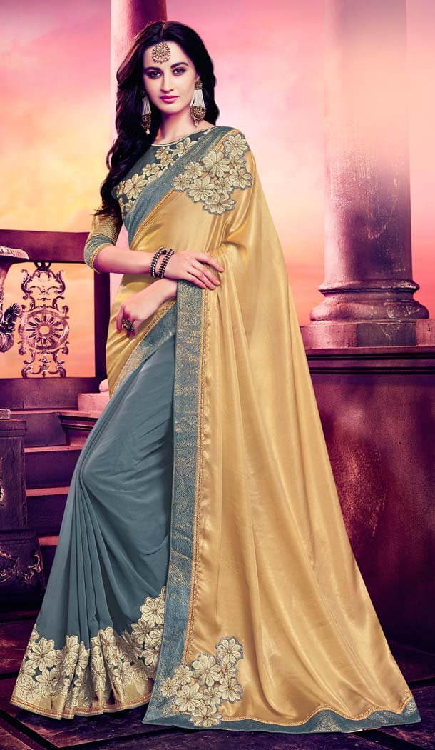 Slate Grey Color Georgette Embroidery Casual Wear Saree | FH577785382