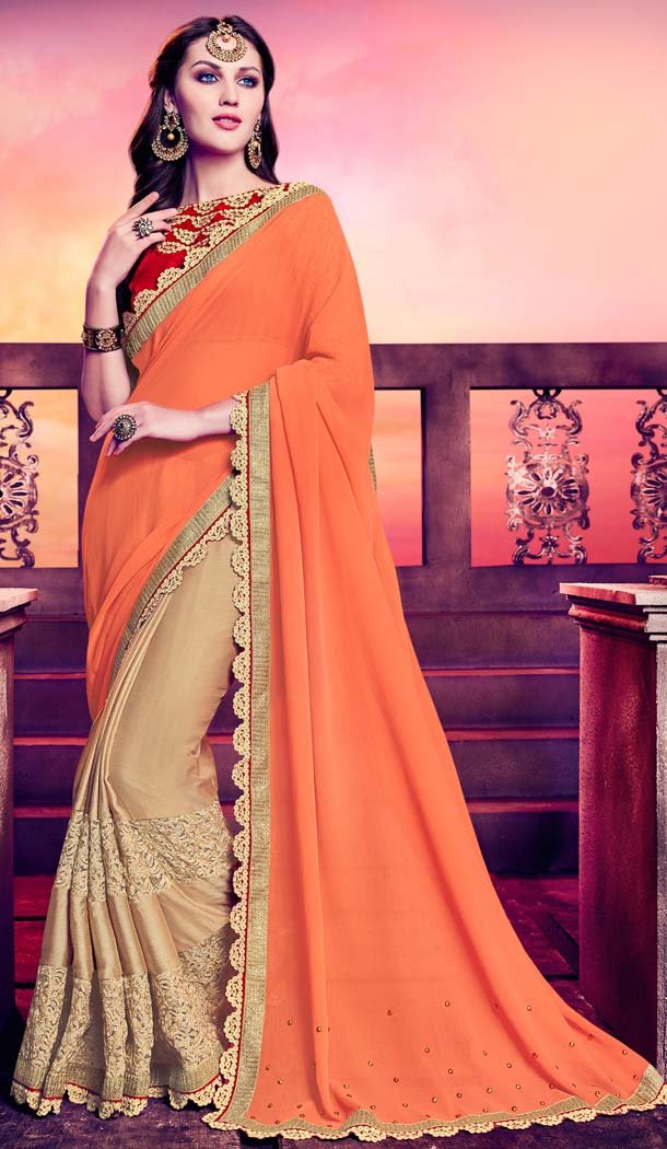 Orange Color Chiffon Embroidery Casual Wear Saree | FH577785383