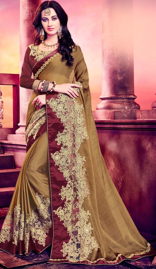 Tan Brown Color Georgette Embroidery Casual Wear Saree | FH577785386