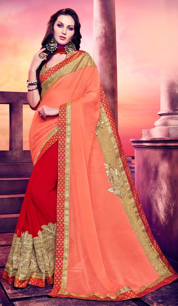 Red Color Georgette Embroidery Casual Wear Saree | FH577785387