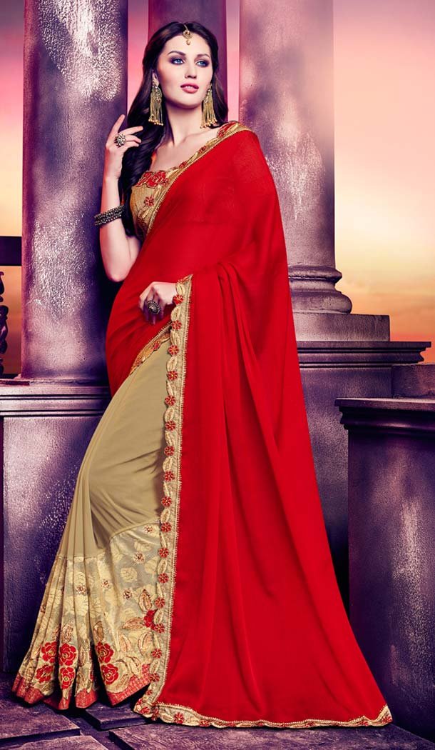 Red Color Georgette Embroidery Casual Wear Saree | FH577785390