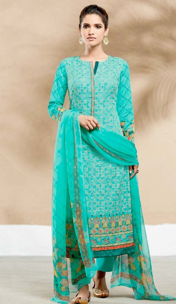 Pure Cotton Turquoise Color Embroidery Salwar Kameez | FH578385501