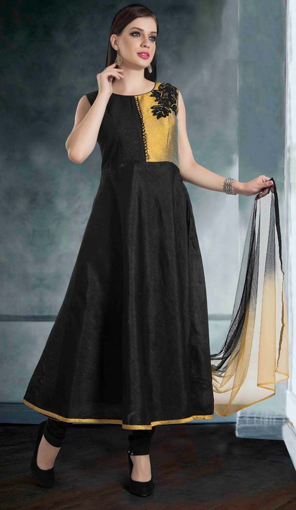 Black Color Raw Silk Anarkali Style Salwar Kameez | FH578985554