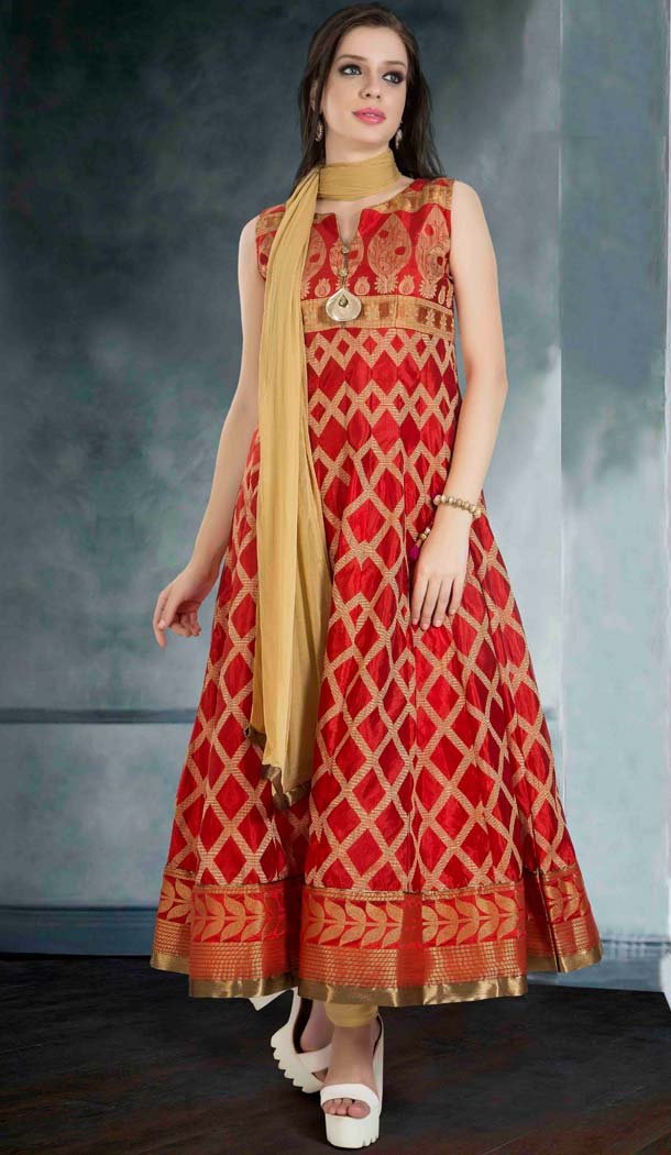 Red Color Raw Silk Anarkali Style Salwar Kameez | FH578985556
