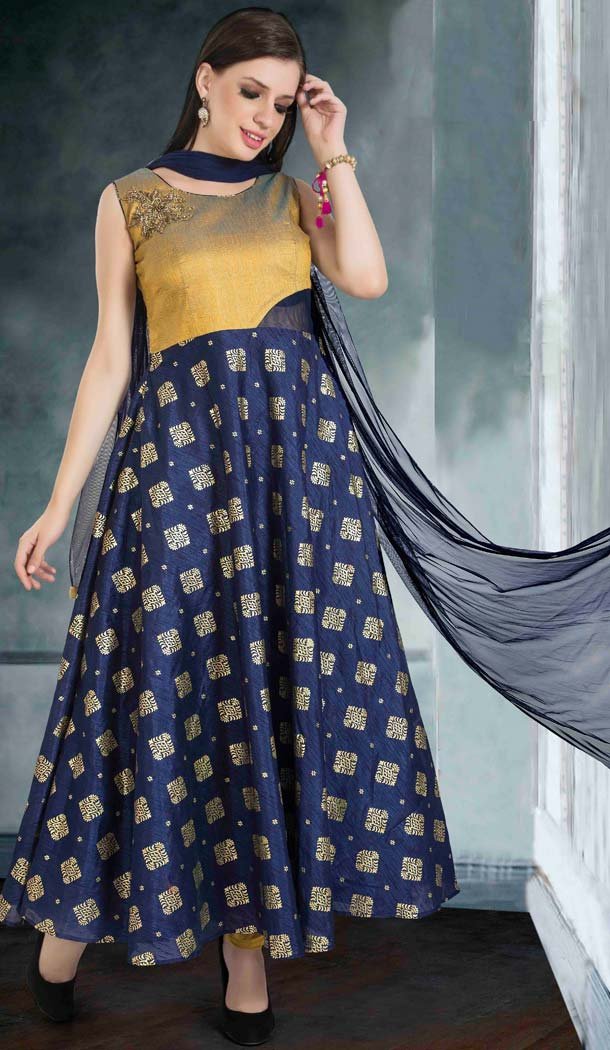 Navy Bluen Color Raw Silk Anarkali Style Salwar Kameez | FH578985569