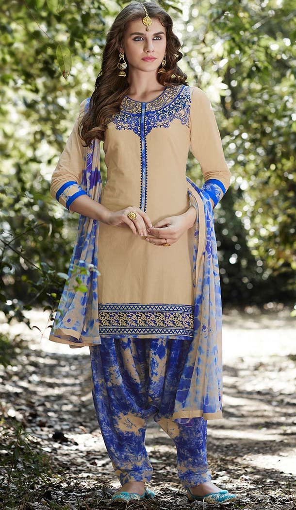 Cotton Beige Color Embroidery Casual Punjabi Patiyala Suit | FH582785958