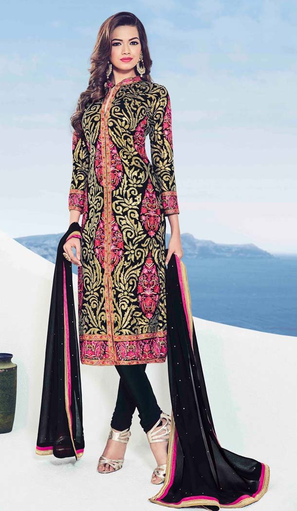 Black Color Georgette Straight Cut Churidar Kameez | FH583586041
