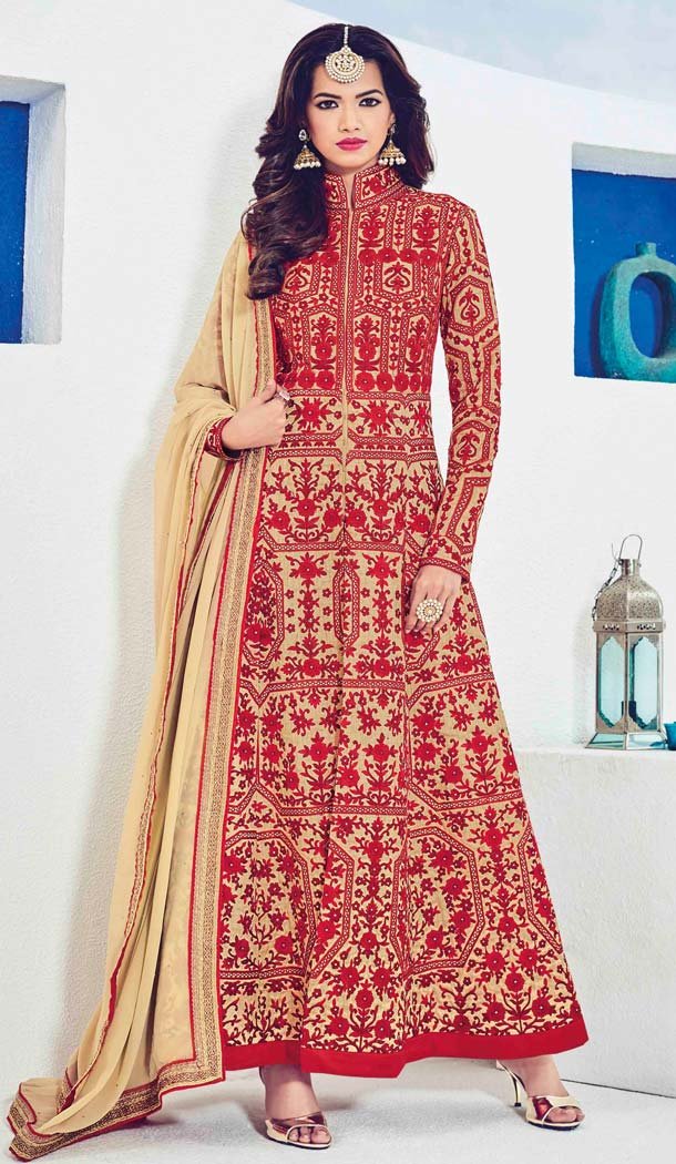 Georgette Beige Color Long Length Anarkali Churidar Kameez | FH583586042