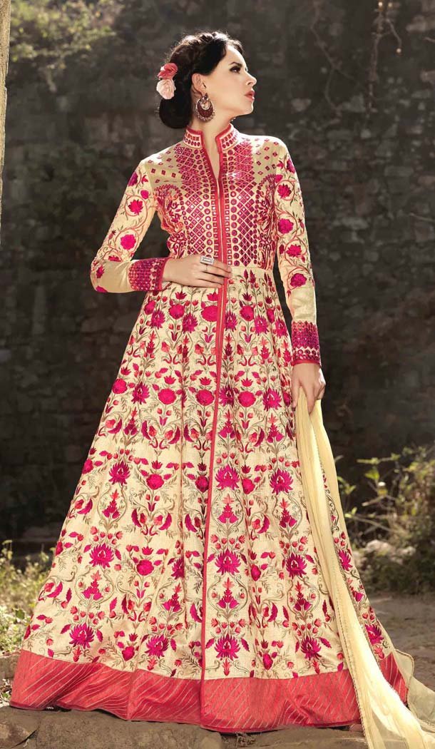 Pakistani Embroidery Work Cream Color Silk Salwar Kameez | FH583686065