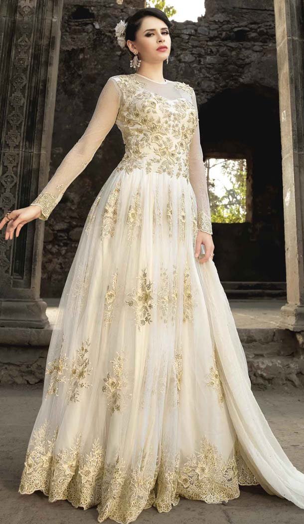 Pakistani Embroidery Work White Color Silk Salwar Kameez | FH583686067