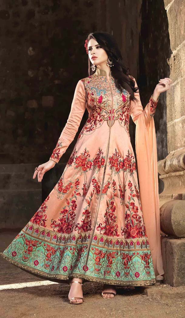 Pakistani Embroidery Work Papayawhip Color Silk Salwar Kameez | FH583686068