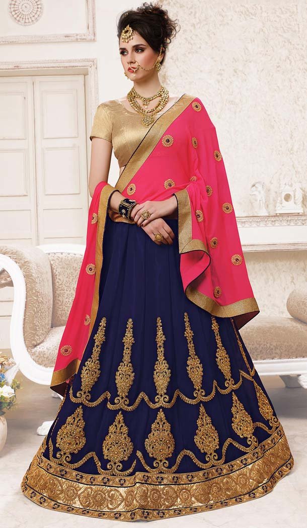 Blue Color Georgette Embroidery A Line Style Lehenga Choli | FH583786073