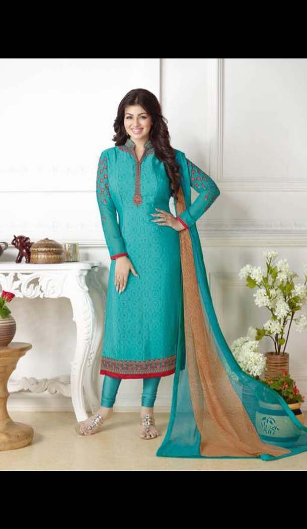 Turquoise Color Georgette Straight Cut Casual Salwar Kameez | FH583886188