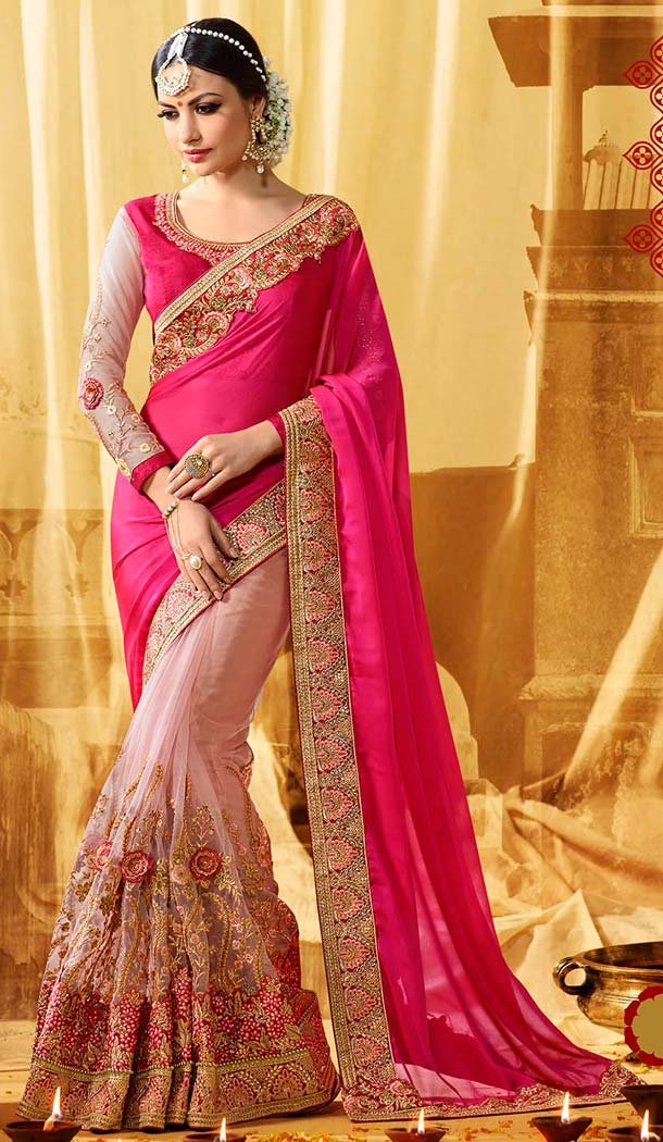 Deep Pink Color Satin Embroidery Designer Saree | FH583986196