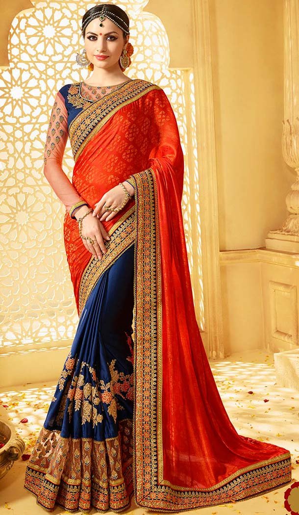 Orange Color Satin Embroidery Designer Saree | FH583986197