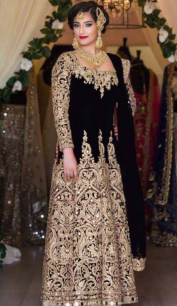 Black Color Silk Long Anarkali Style Salwar Kameez | FH584286110