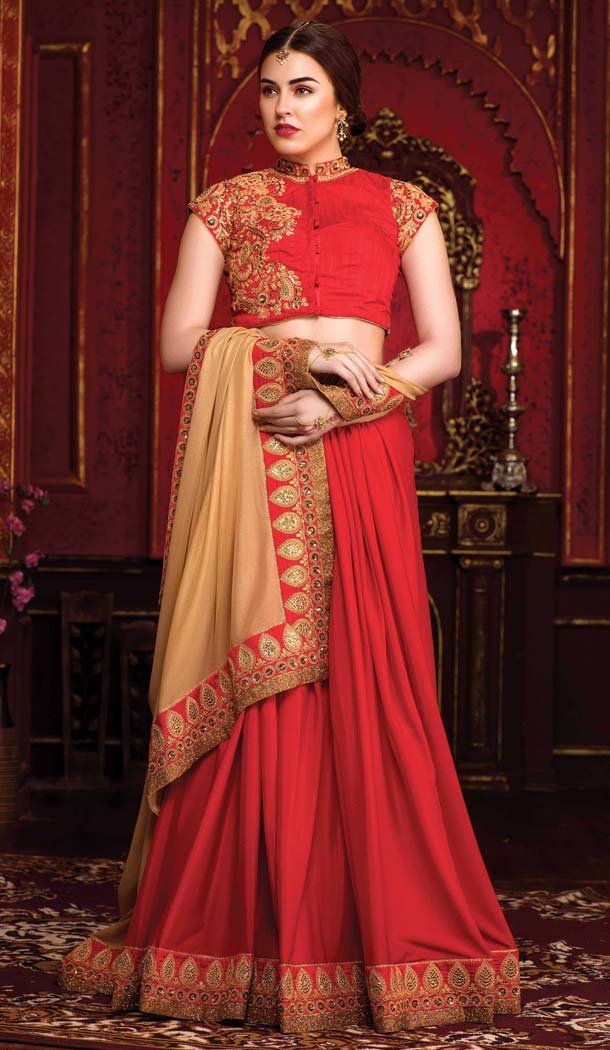 Red Color Georgette Embroidery Indian Traditional Sarees | FH585386218