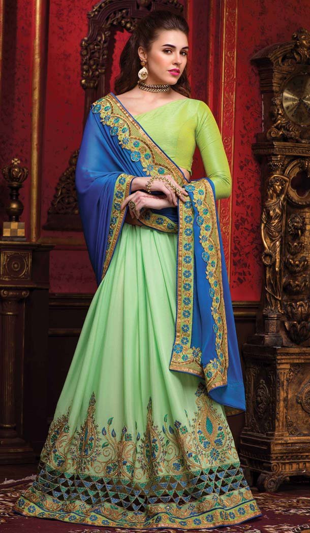Aloe Vera Green Color Crepe Silk Embroidered Indian Traditional Sarees | FH585386227