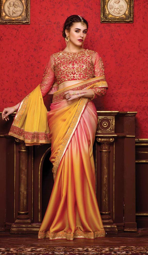 Orange Color Chiffon Embroidered Indian Traditional Sarees | FH585386232