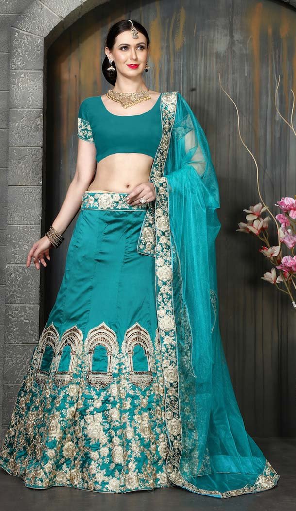 Turquoise Color Silk Embroidery Party Lehenga Choli | FH585486233