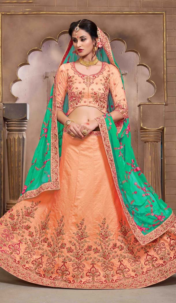 Orange Color Silk Crystals Stone Work A Line Lehenga Choli | FH599487764