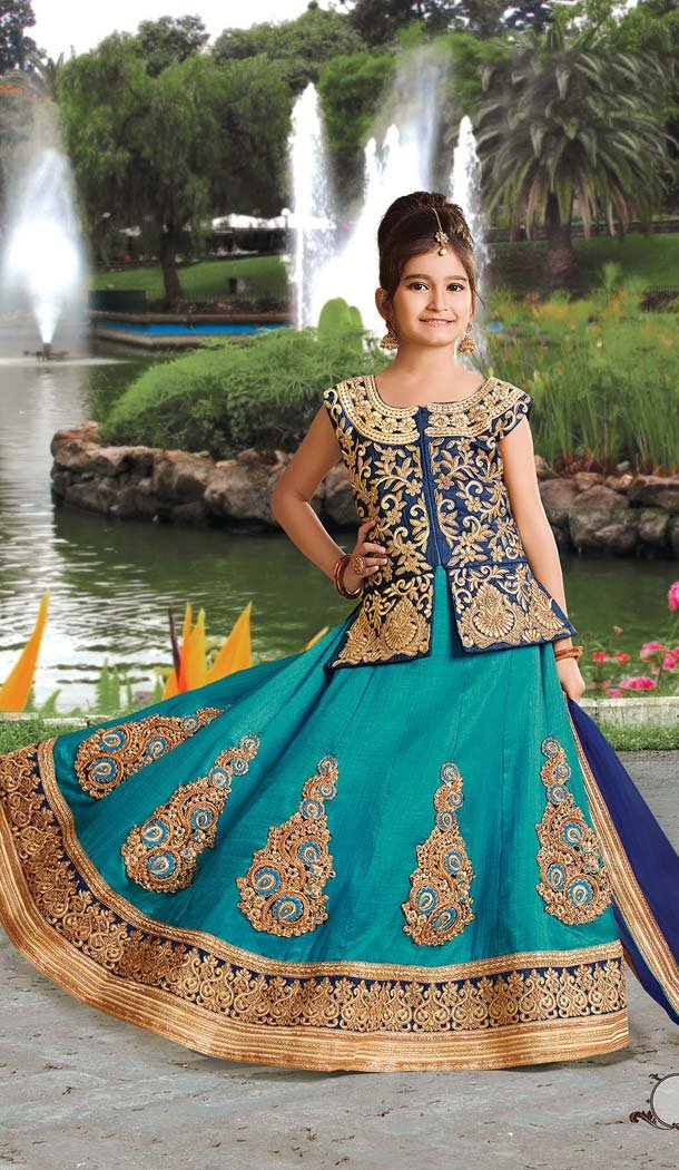 Aqua Blue Color Silk Embroidery Circular Style Girls Lehenga | FH606588411