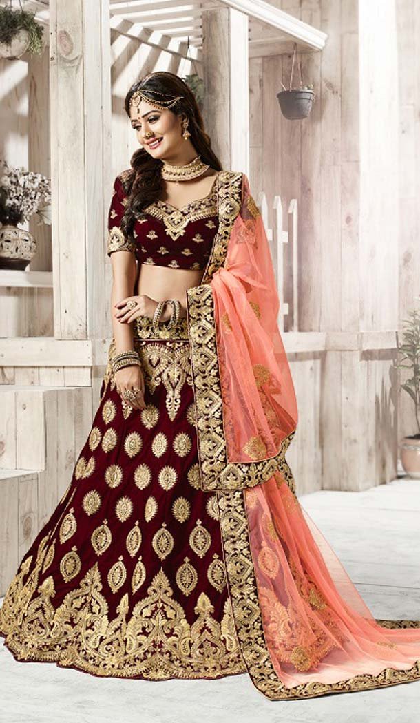 Women A Line Style Maroon Color Velvet Wedding Wear Lehenga | FH607788523