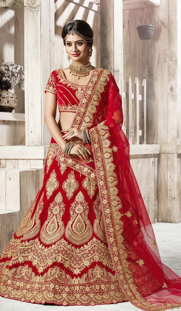 A Line Style Red Color Velvet Wedding Wear Lehenga | FH607788524