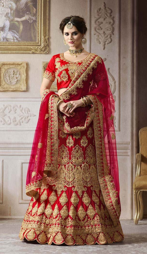 Women Crimson Color Banarasi Silk A Line Engagement Lehenga | FH611088882
