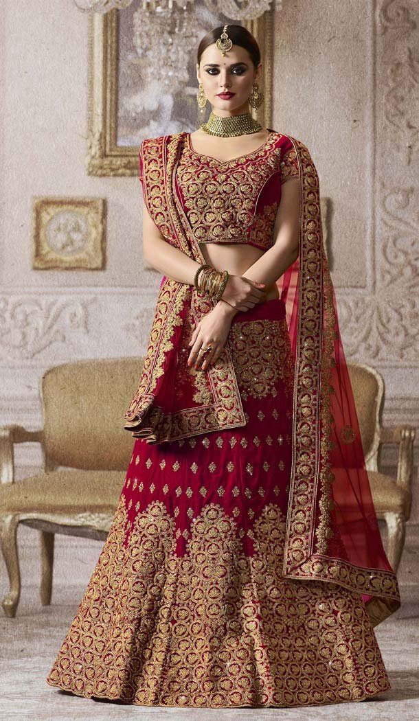 Women Crimson Color Velvet A Line Engagement Lehenga | FH611088885