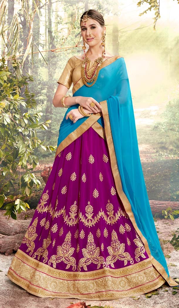 Georgette Fabric Embroidery Purple Color Lehenga | FH612289080