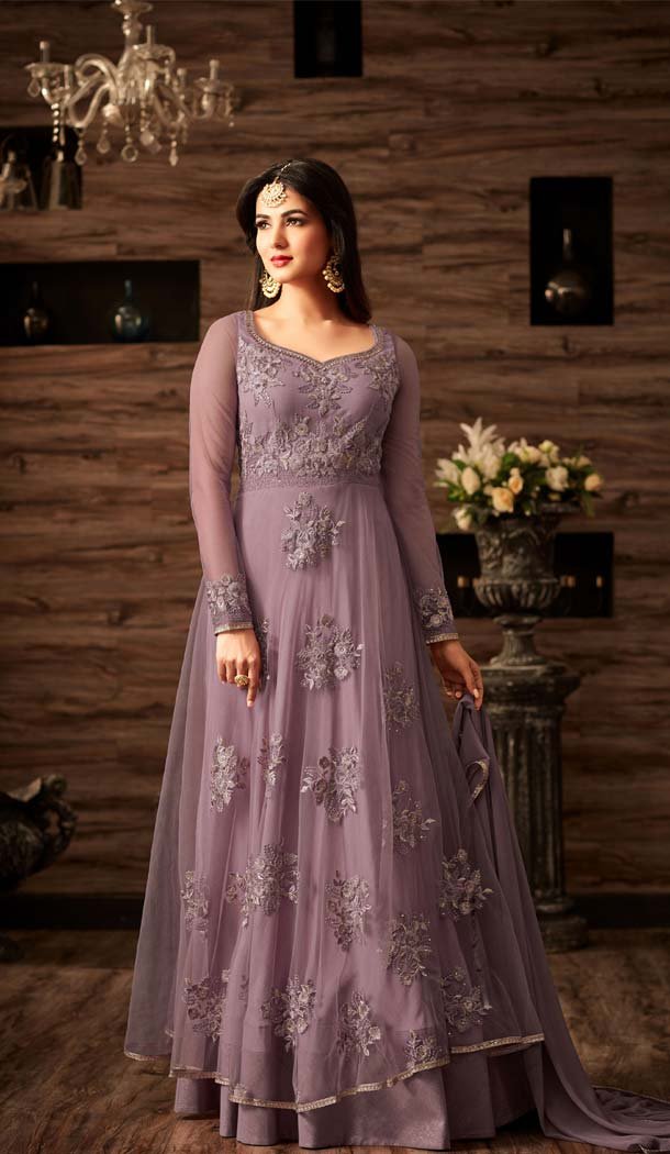 A Line Crystals Stones Work Lavender Color Party Wear Churidar Suit | FH617889602