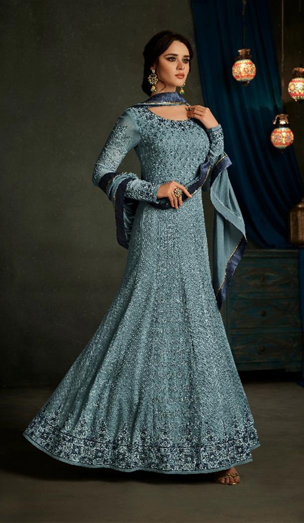 Grey Cream Color Long Anarkali Style Salwar Kameez | KF799476658