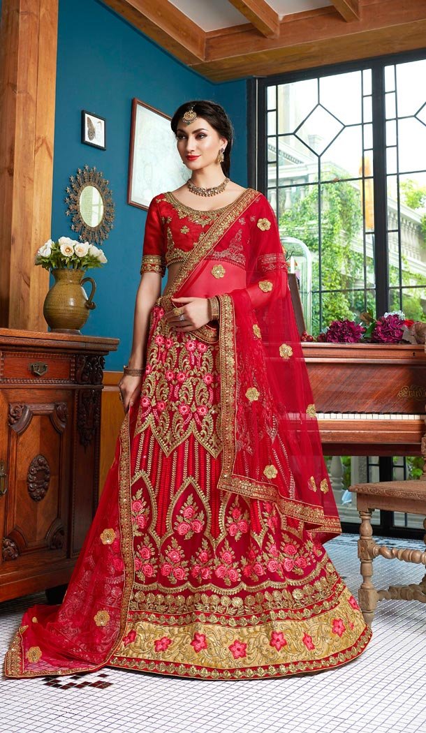 Red Color Net Party Wear Lahanga Choli | KF14006187